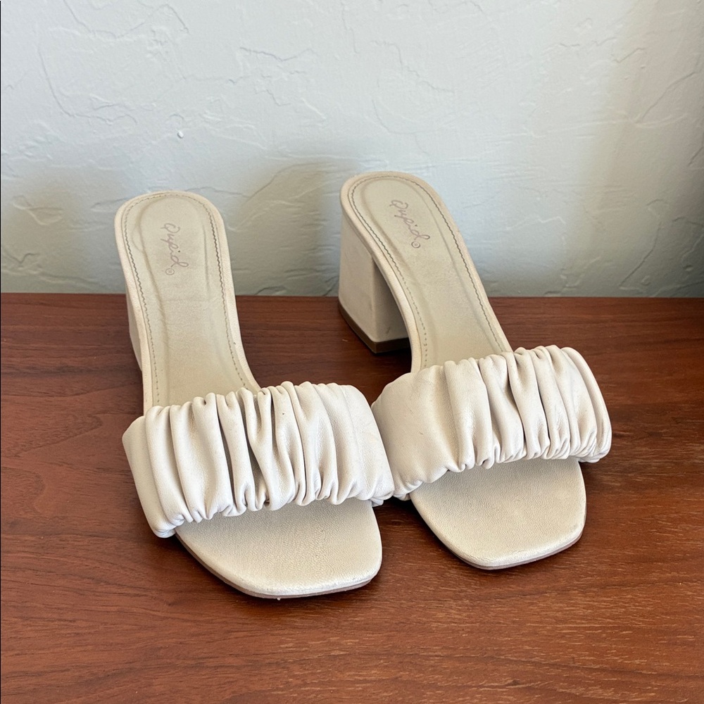 Qupid Cream Ruched Block Heel Sandals
